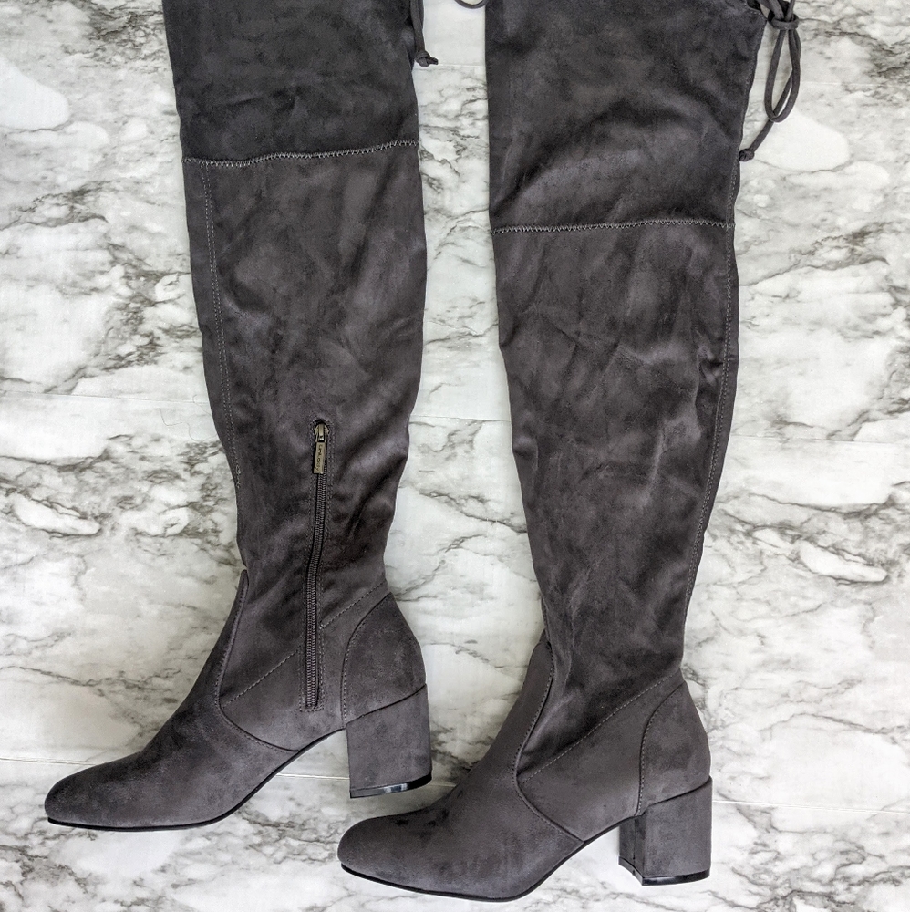 Grey thigh high boots